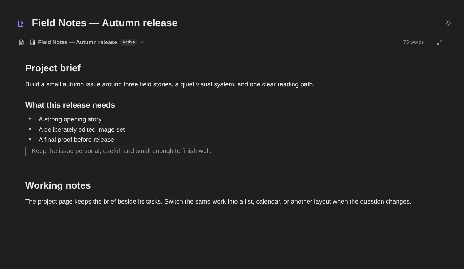 A closer view of the real Field Notes project page in CueCapture