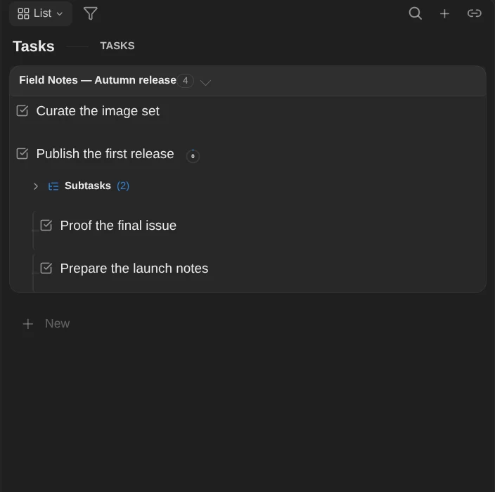A closer view of the related task and subtask tree in the real CueCapture project