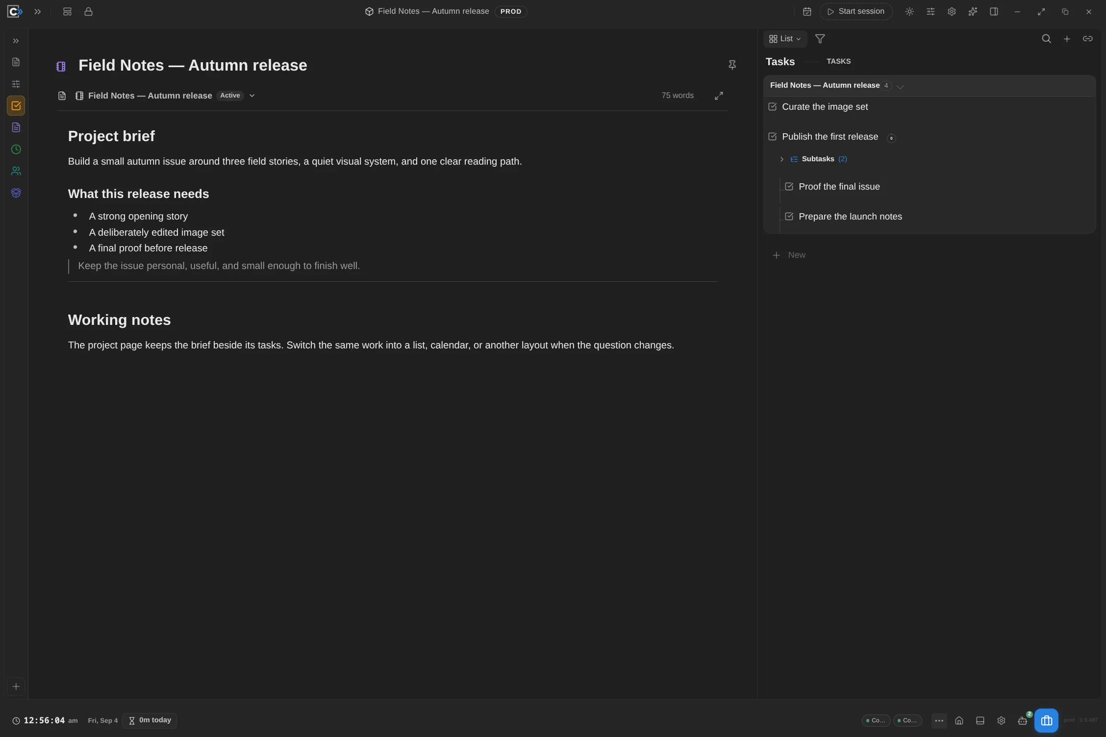 CueCapture showing the Field Notes project brief beside its related tasks and nested subtasks